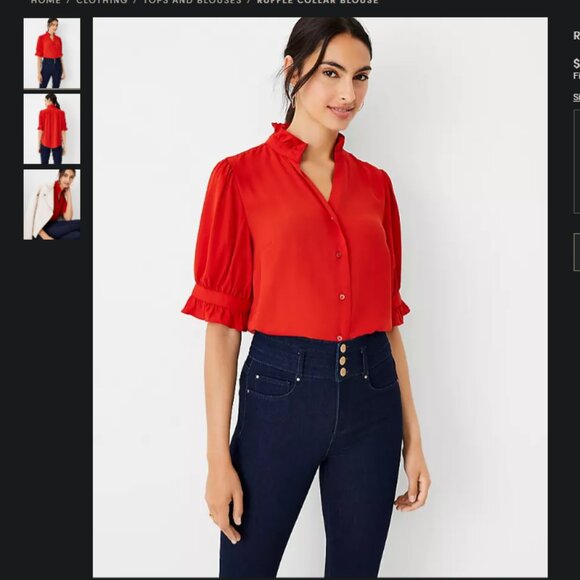 Ann Taylor Ruffle Collar Blouse Size Large Red Oversized Relaxed Chic Office NWT - Picture 1 of 12